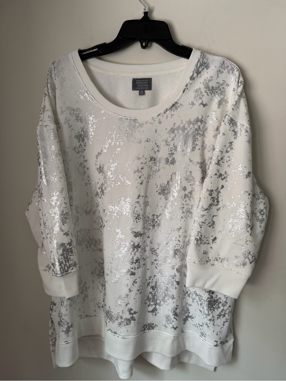 Berkley Jensen XXL White Silver Foil French Terry Sweatshirt Crew Neck Pullover